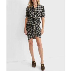 Veronica Beard 'Sierra' Plaid-Flannel Ruched Shirt Dress, Black/Ecru